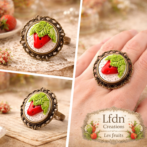 Bague fraise en fimo, bague fruit, bijoux fruits, bijoux gourmands en fimo