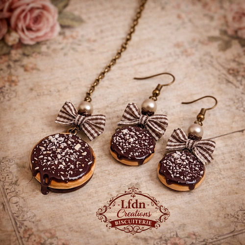 Collier biscuit lu en fimo, boucle d'oreilles biscuit, bijoux gourmands