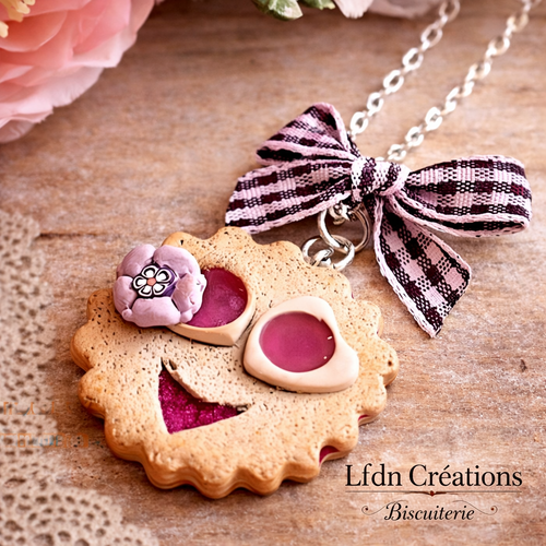 Collier biscuit sourire en fimo, pendentif biscuit, bijoux gourmands