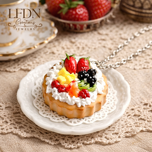 Collier tarte aux fruits en fimo, pendentif tarte, bijoux gourmands