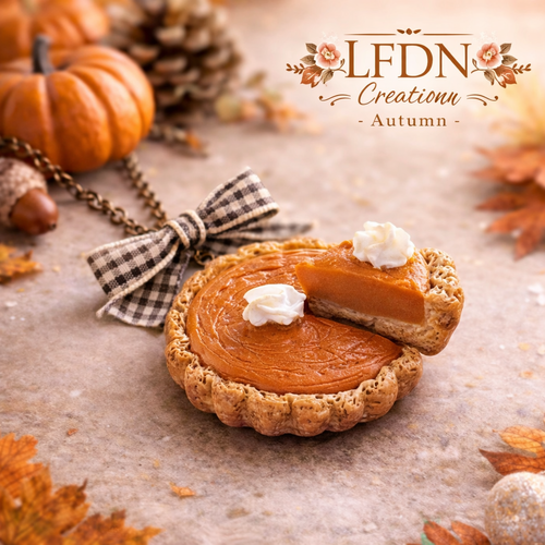 Collier tarte citrouille en fimo, pendentif citrouille, bijoux gourmands, bijoux halloween en fimo