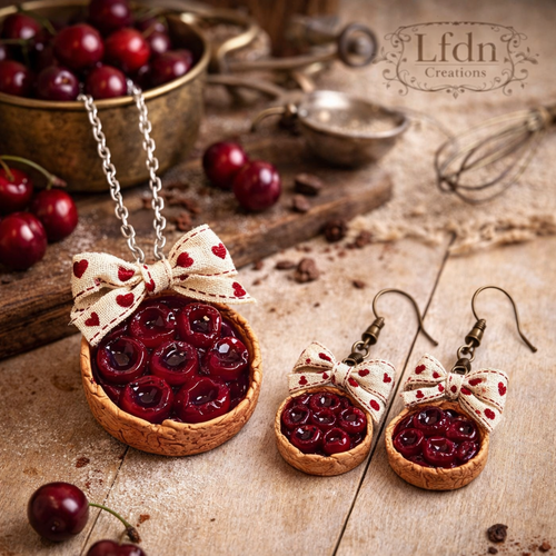 Collier tarte aux cerises en fimo, boucle d'oreille tartelettes, bijoux gourmands
