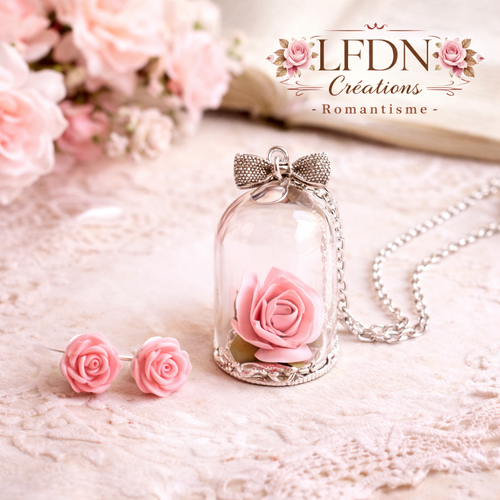 Collier cloche en verre fleur de rose, boucle d'oreilles fleur en résine, bijoux cloche de verre, bijoux bohème