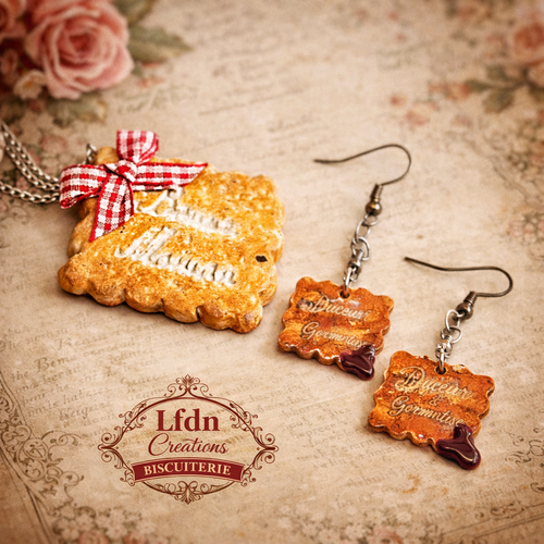 Collier biscuit petit beurre en fimo, boucle d'oreille biscuit, bijoux gourmands