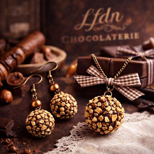 Collier rocher chocolat en fimo, boucles d'oreille chocolat noisette, bijoux gourmands