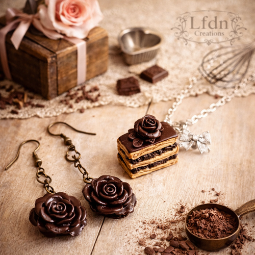 Collier mille feuille chocolat en fimo, boucle d'oreilles rose, bijoux gourmands, bijoux fleurs