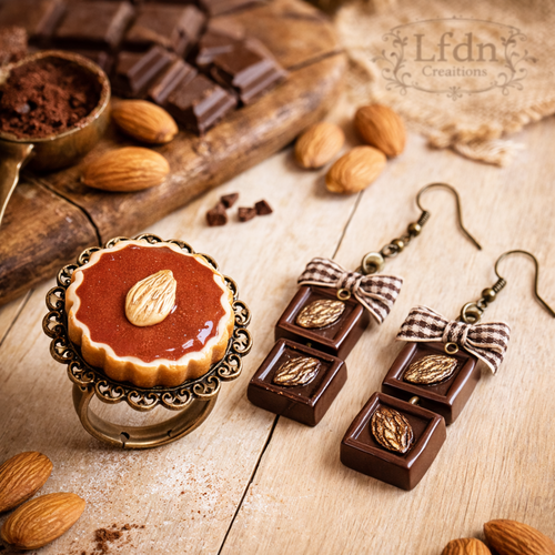 Boucle d'oreille carrés chocolat en fimo, bague tarte fimo, bague amande, bijoux gourmands, bijoux chocolat