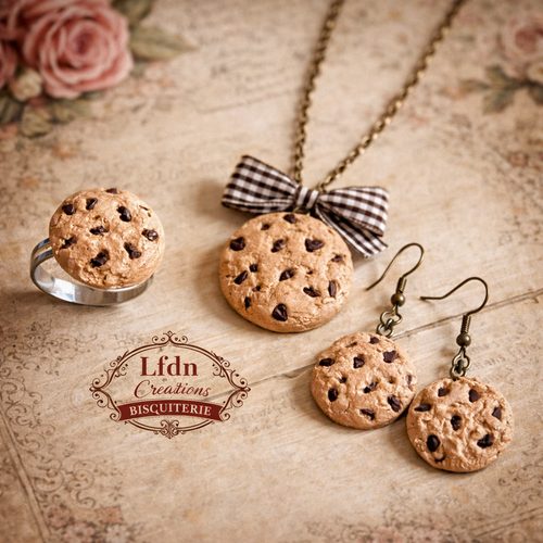 Collier cookie en fimo, boucle d'oreille biscuit, bijoux gourmands
