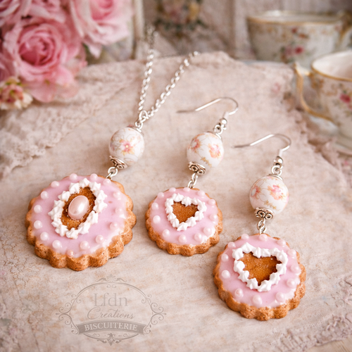 Collier biscuit fimo, boucle d'oreilles marie-antoinette, bijoux fantaisie, bijoux gourmands
