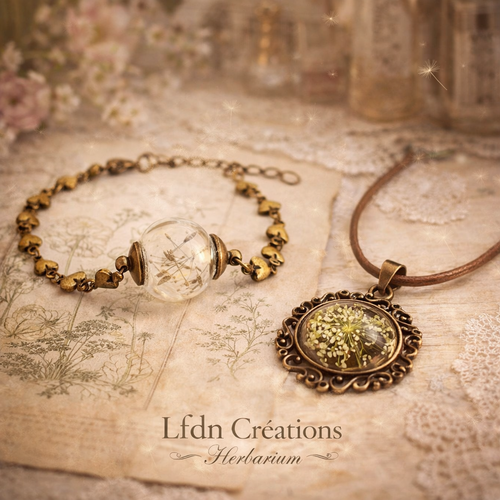 Collier médaillon en verre fleurs sèches, bijoux bohème, bracelet bulles verre et fleurs sèches