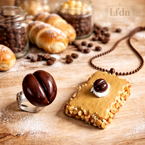 Collier gâteau café le calais, bague grain de café, pendentif gâteau en fimo, bijoux gourmands