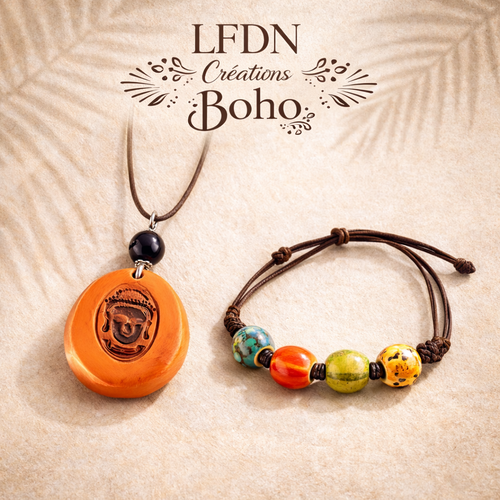 Collier en argile naturel bouddha, bracelet perles céramique, bijoux ethnique