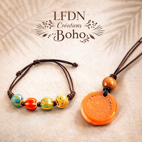 Collier bohème en argile naturelle, bracelet perles céramique, bijoux ethnique