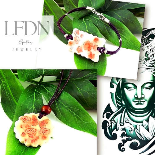 Collier fleur en céramique, bracelet argile naturelle, pendentif papillon, bijoux en céramique bohème