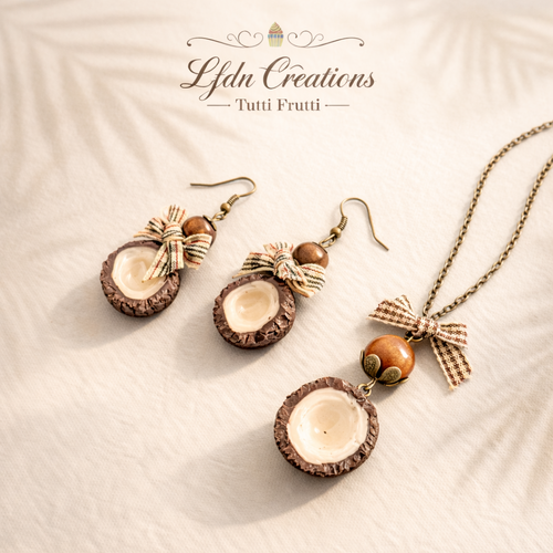 Collier noix de coco en fimo, boucle d'oreille noix de coco, bijoux fruit, bijoux gourmands