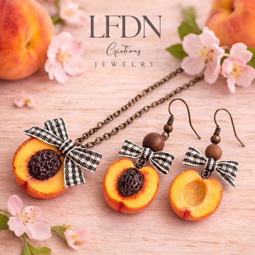 Collier abricot en fimo, boucle d'oreilles abricot, bijoux fruit, bijoux gourmands