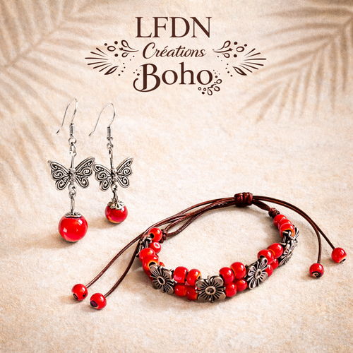 Bracelet fleurs ethnique céramique, boucle d'oreille papillons en céramique, bijoux bohème