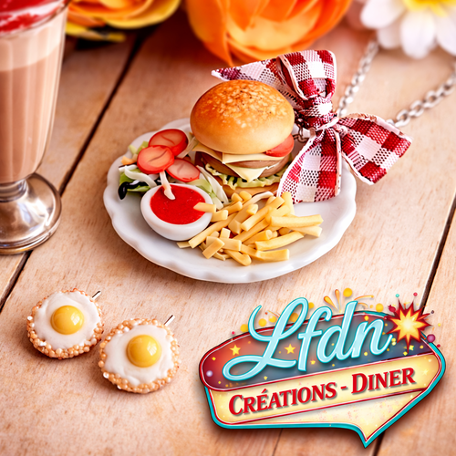 Collier fast food, boucle d'oreille oeuf en fimo, bijoux gourmands, bijoux burger fimo