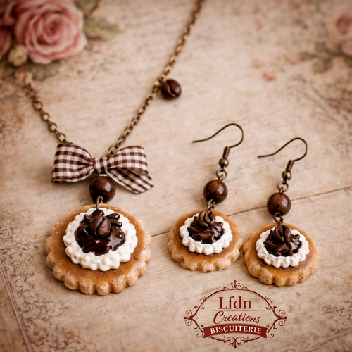 Collier biscuit café en fimo, boucle d'oreille biscuits, bijoux gourmands, bijoux grain de café