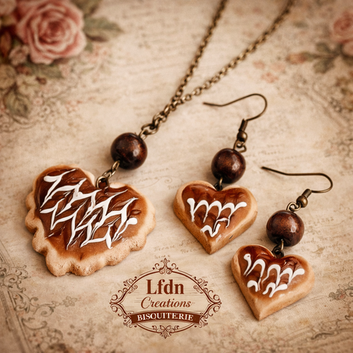 Collier biscuit chocolat en fimo, boucle d'oreille biscuit, pendentif coeur, bijoux gourmands