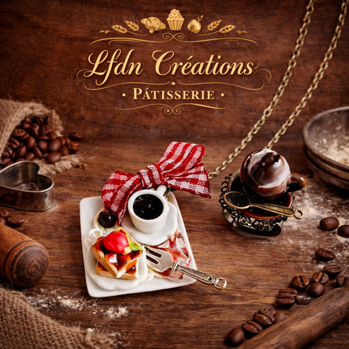 Bague tasse, collier petit déjeuner, pendentif gaufre en fimo, bijoux gourmands