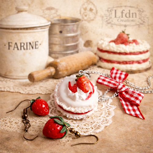 Collier macaron blanc en fimo, boucle d'oreille fraises, boucle d'oreille gâteau, bijoux gourmands