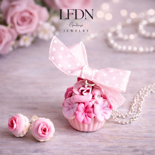 Collier gâteau en fimo, bijoux cupackes, boucle d'oreille fleur rose, bijoux gourmands
