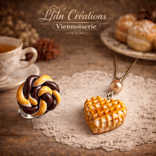 Collier gaufre en fimo, pendentif coeur, bague brioche, bijoux viennoiserie, bijoux gourmands