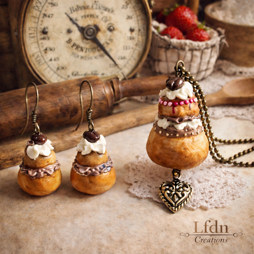 Collier religieuse en fimo, bijoux gourmands, boucle d'oreille gâteau au chocolat