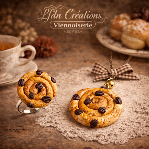 Collier brioche en fimo, bague viennoiserie, bijoux gourmands, pendentif roulé aux raisins