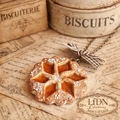 Collier biscuit noël en fimo, pendentif biscuit linzer confiture, bijoux noël, bijoux gourmands