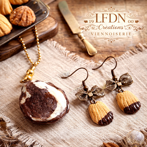 Collier madeleine en fimo, boucle d'oreille madeleine, pendentif viennoiserie, bijoux gourmands