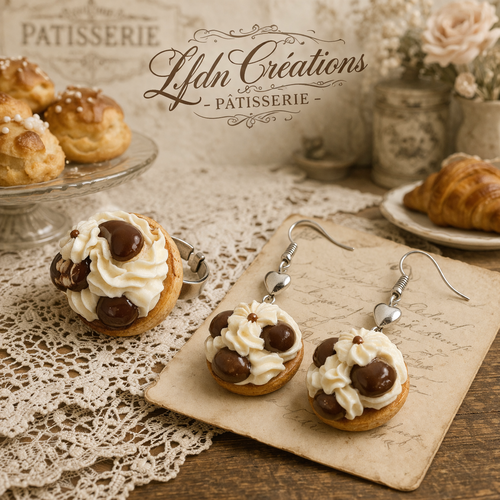 Collier gâteau en fimo, boucle d'oreille gâteau chocolat, bijoux gourmands, bijoux profiteroles