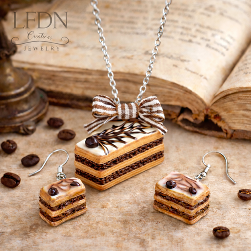Collier mille feuille café en fimo ,boucle d'oreille mille feuille, bijoux gourmands
