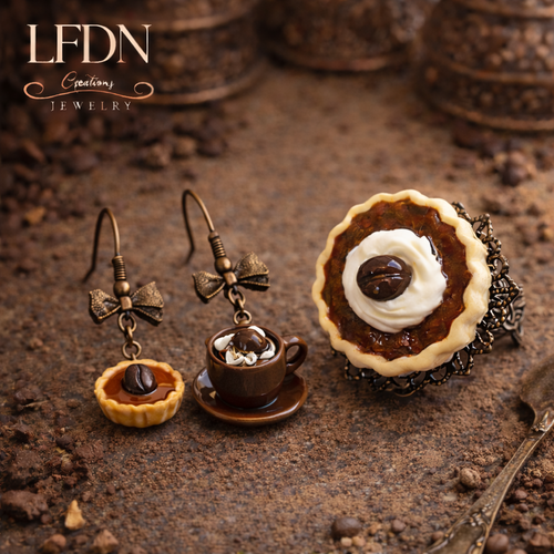 Bague tarte café en fimo, boucle d'oreille tare, bijoux gourmands, bijoux tasse à café
