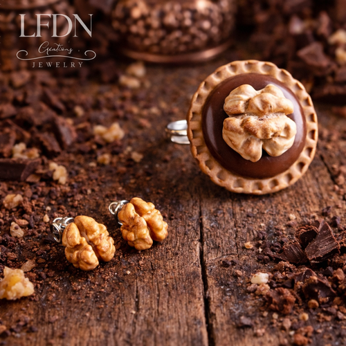 Bague tartelette en fimo, boucle d'oreille noix, bijoux gourmands