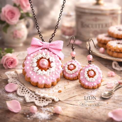 Collier biscuit rose, boucle d'oreille biscuit, bijoux marie antoinette, bijoux gourmands