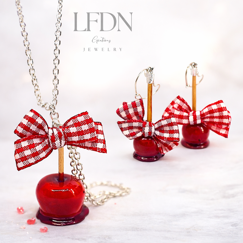 Collier pomme d'amour en fimo, boucle d'oreille pomme d'amour, bijoux gourmands, bijoux bonbon