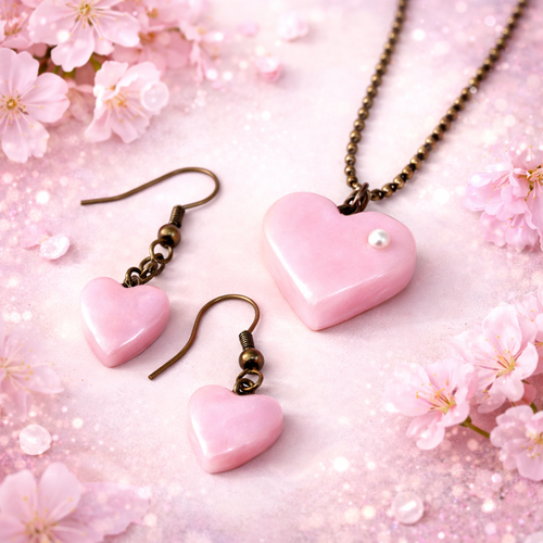 Pendentif coeur rose en fimo, boucle d'oreille coeur, bijoux fantaisie, bijoux gourmands