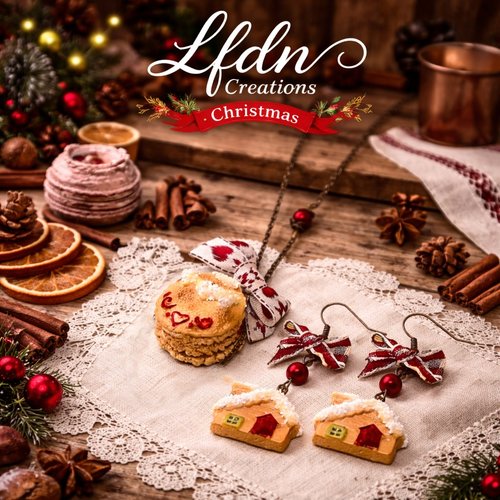 Collier biscuit noël en fimo, bijoux macaron, boucles d'oreille flocon, pendentif étoile, bijoux gourmands