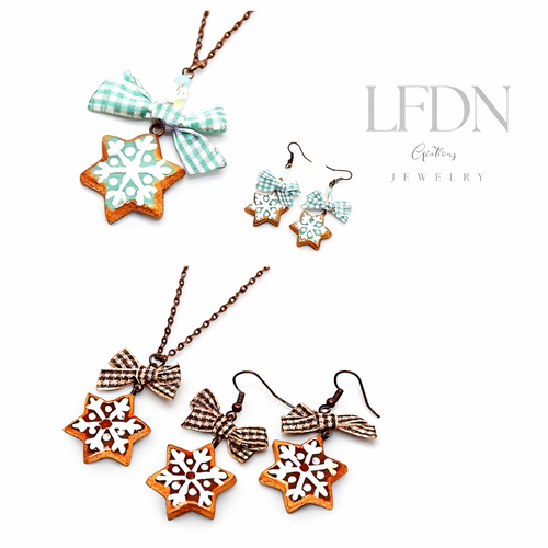 Collier biscuit noël en fimo, boucles d'oreille flocon, bijoux noël, bijoux gourmands