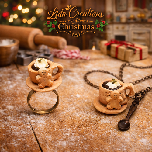 Collier tasse, bague bonhomme pain d'épices en fimo, bijoux gourmands, pendentif fimo noël