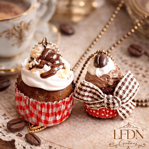 Collier cupcake chocolat en fimo, pendentif cupcake, grain de café en fimo, bijoux gourmands