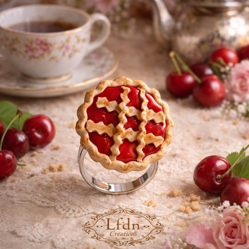 Bague tarte cerise en fimo, pendentif tarte fruits, bijoux gourmand, bijoux fantaisie