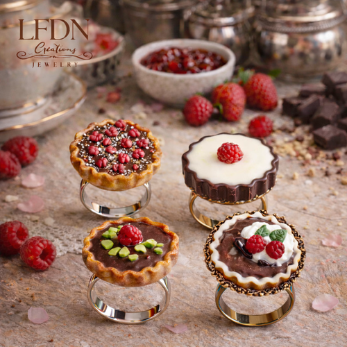Bague tarte chocolat fimo, pendentif tarte framboise, bijoux gourmands