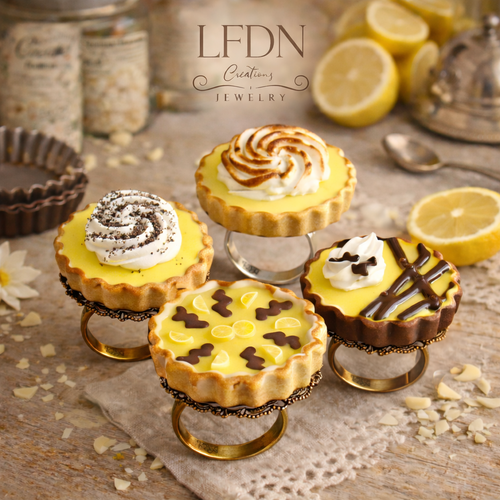 Bague tarte citron en fimo, bijoux tarte, bijoux gourmands