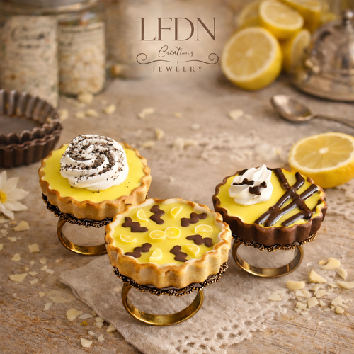 Bague tarte citron meringuée en pâte polymère – bijou gourmand fait main – style pâtisserie