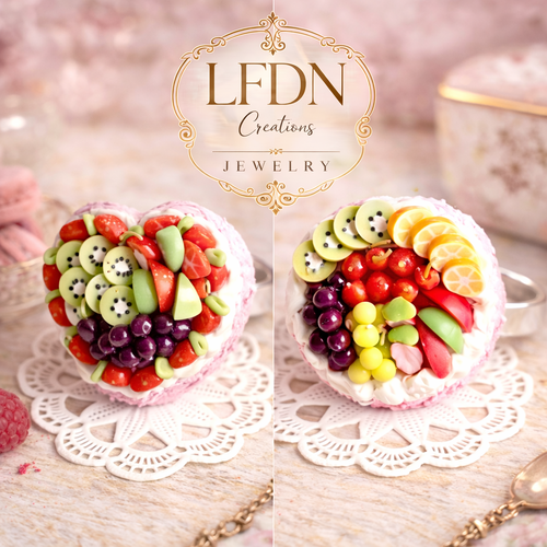 Bague gâteau aux fruits en fimo, bague coeur, bijoux gourmands