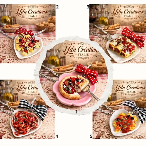 Collier assiette gourmande fimo, collier pizza, bijoux pâtes farfalle ,bijoux gourmands italie