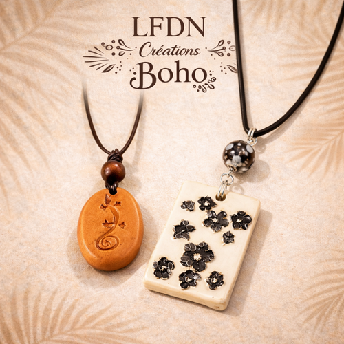 Collier en argile naturelle lézard gecko, collier fleur en argile, bijoux ethnique, bijoux bohème